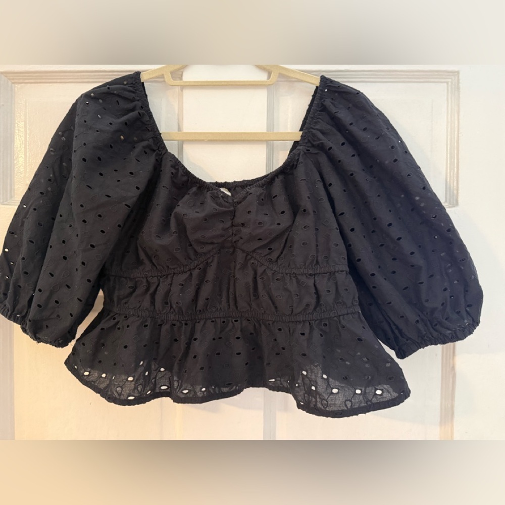 a new day Black Eyelet Peplum Blouse with Puff Sleeves